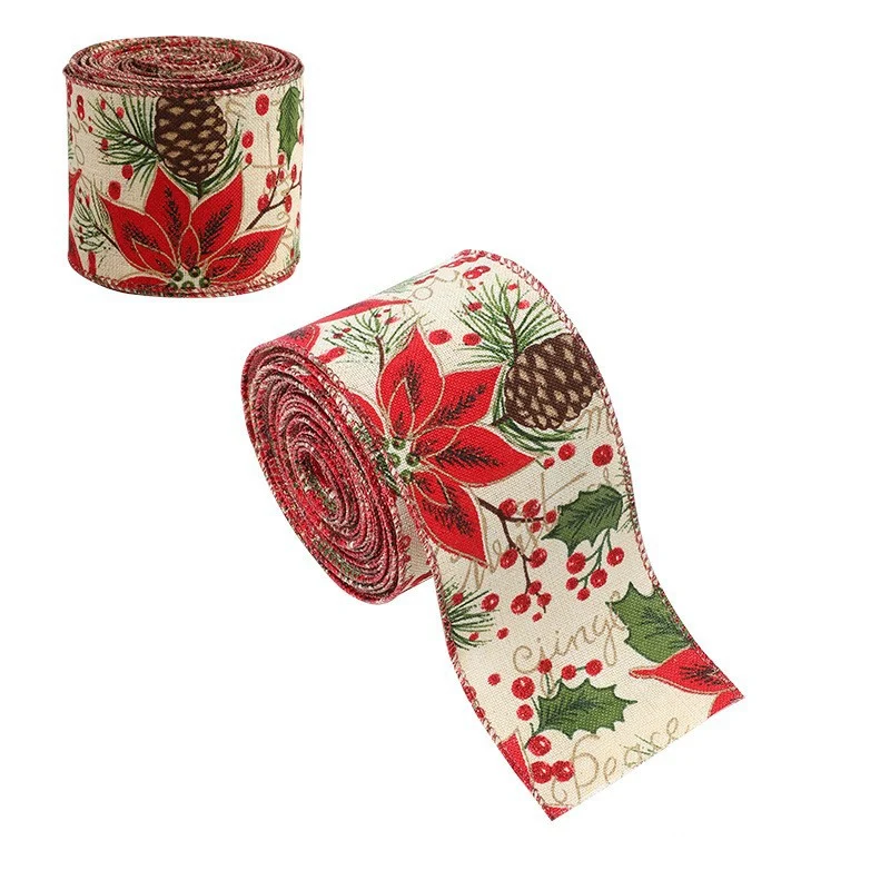 Karácsonyi díszszalag, Vivimall, karácsonyfadísz, ünnepségek, tobozos és piros virágos szalag, 200 x 6,3 cm, Khaki
