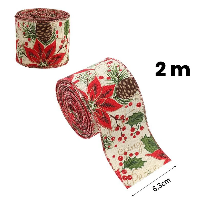Karácsonyi díszszalag, Vivimall, karácsonyfadísz, ünnepségek, tobozos és piros virágos szalag, 200 x 6,3 cm, Khaki