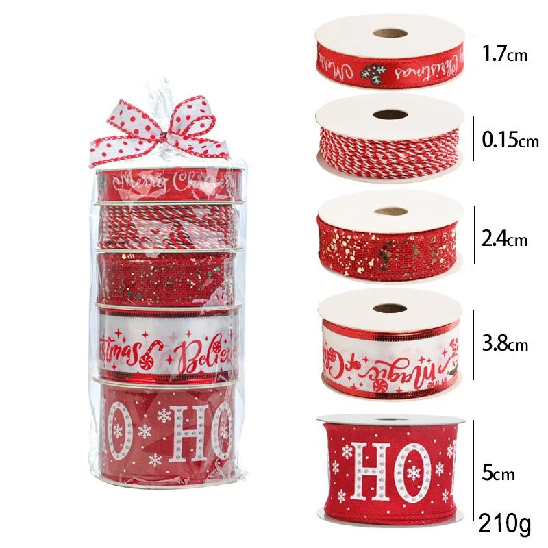 Karácsonyi díszítő szalag, Vivimall, 4 db-os készlet + 1 tekercs piros-fehér fonal, szalag karácsonyi ajándékhoz, fenyőfáh...