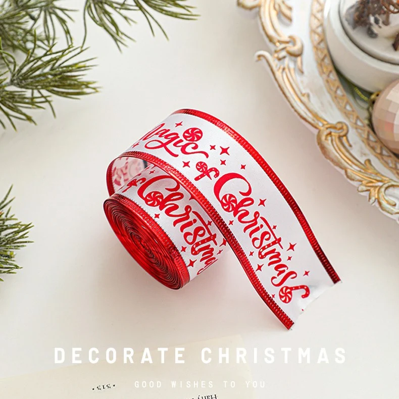 Karácsonyi díszítő szalag, Vivimall, 4 db-os készlet + 1 tekercs piros-fehér fonal, szalag karácsonyi ajándékhoz, fenyőfáh...