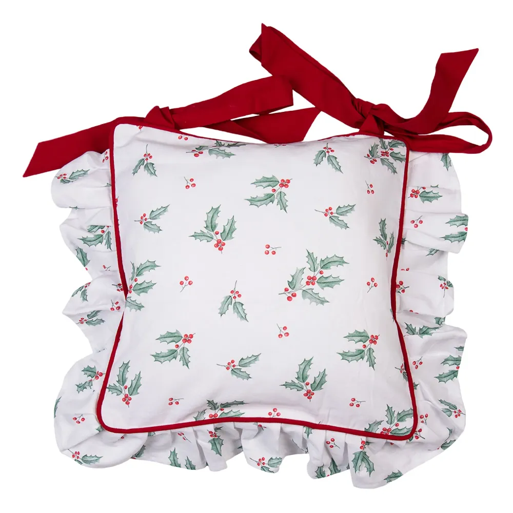 Karácsonyi szarvasos, magyal mintás pamut párnahuzat, kötős, fodros, 40x40cm, Holly Christmas