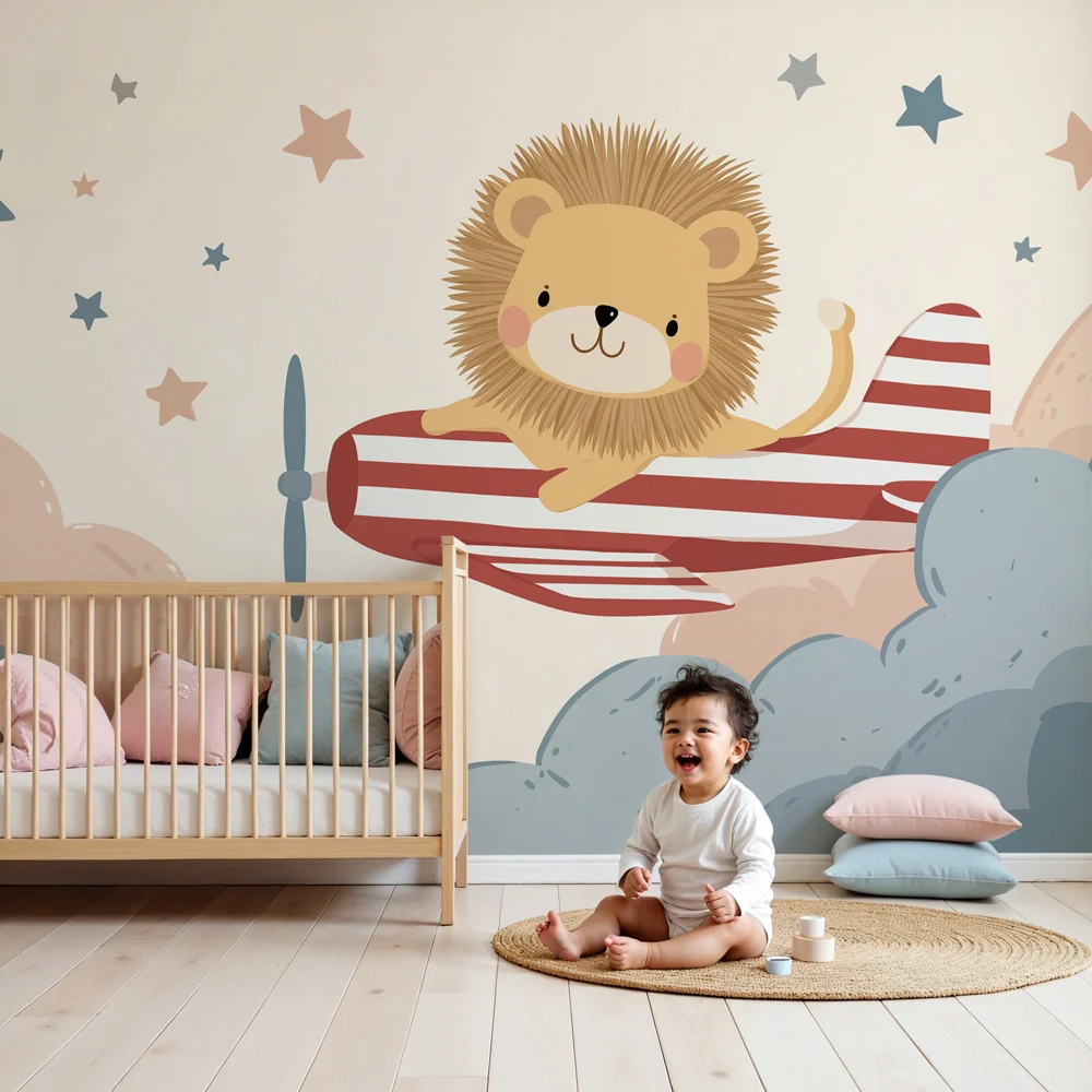 Kids room wallpaper | Lion pilot clouds