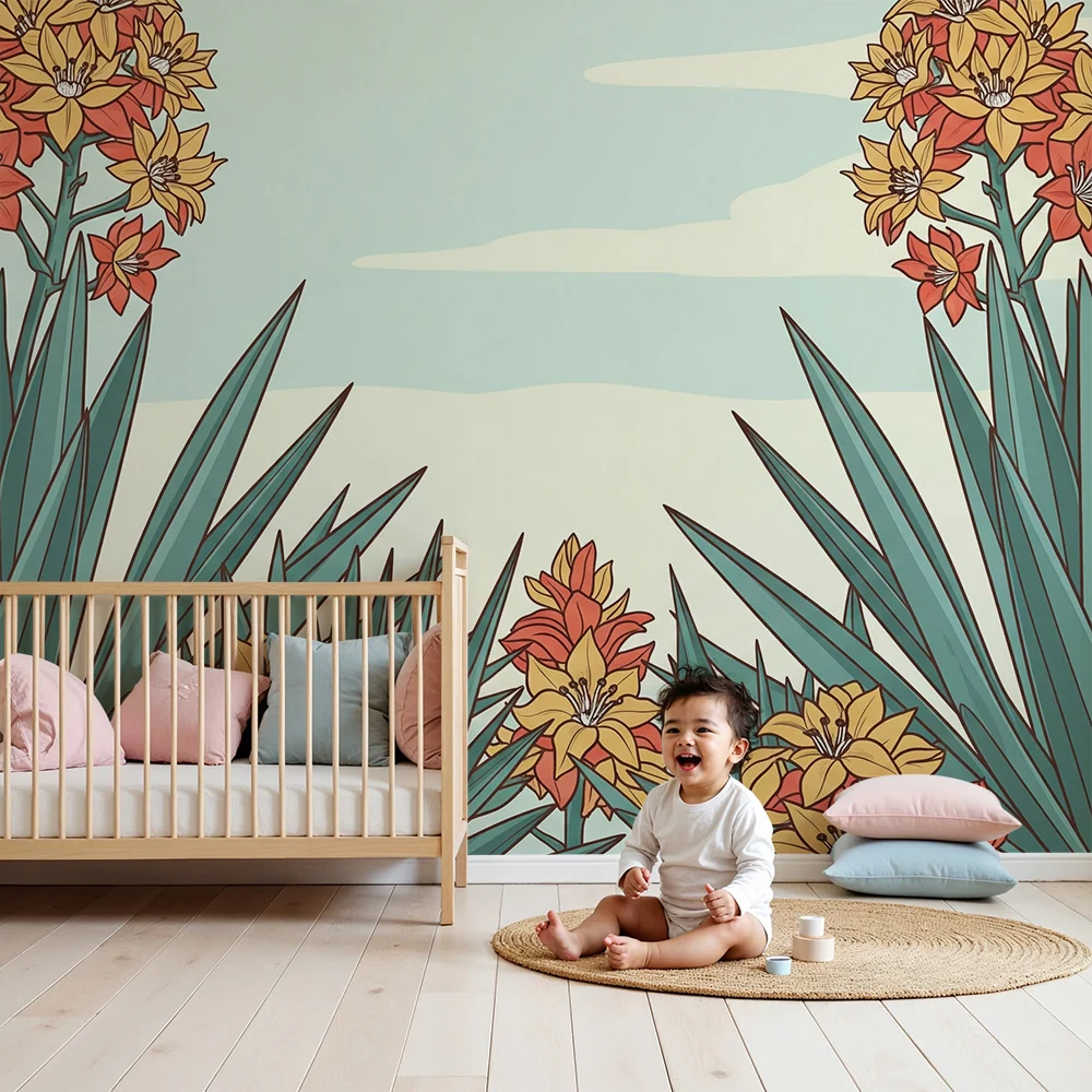 Kids room wallpaper | Succulents and flowers