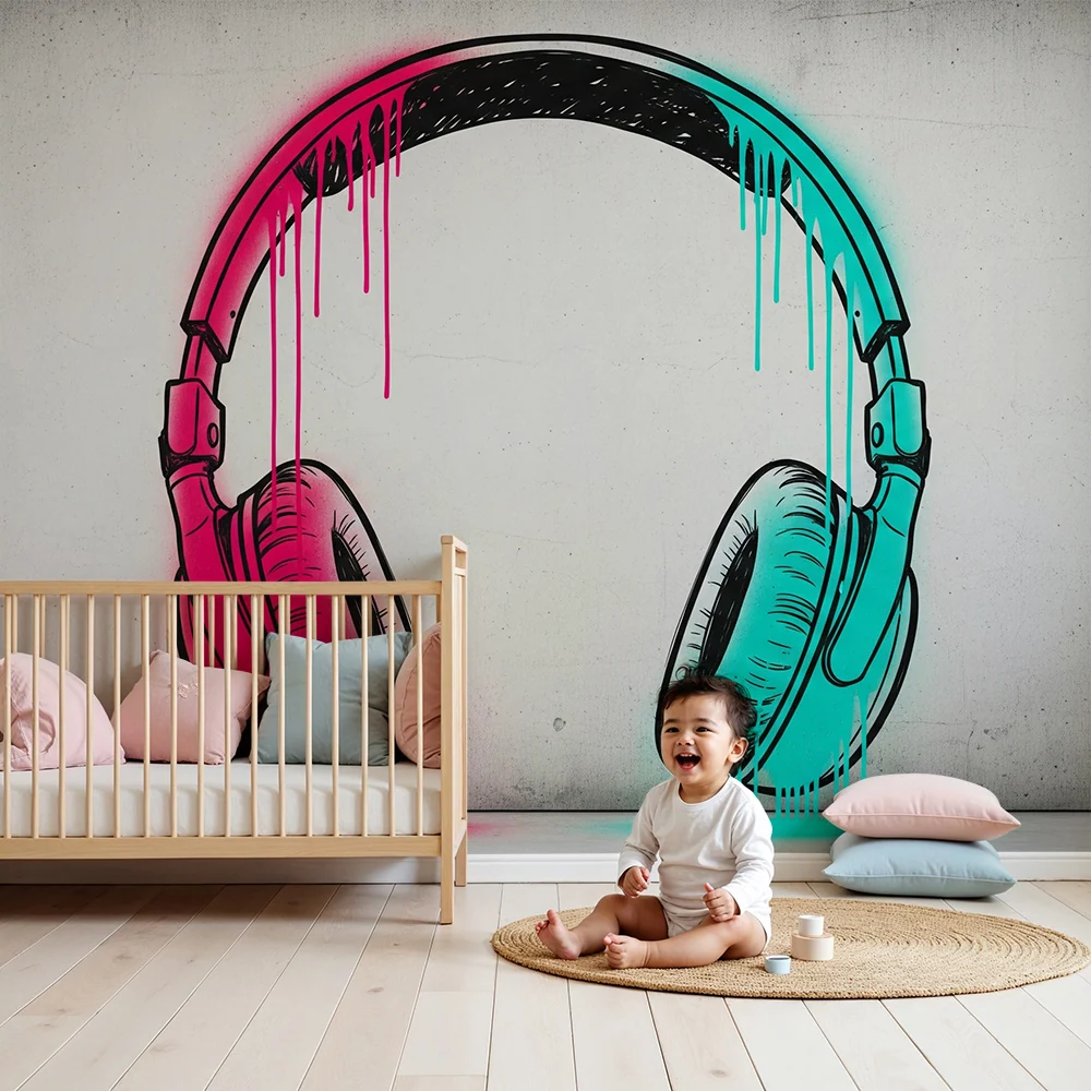 Kids room wallpaper | Színes festékszórású fejhallgató