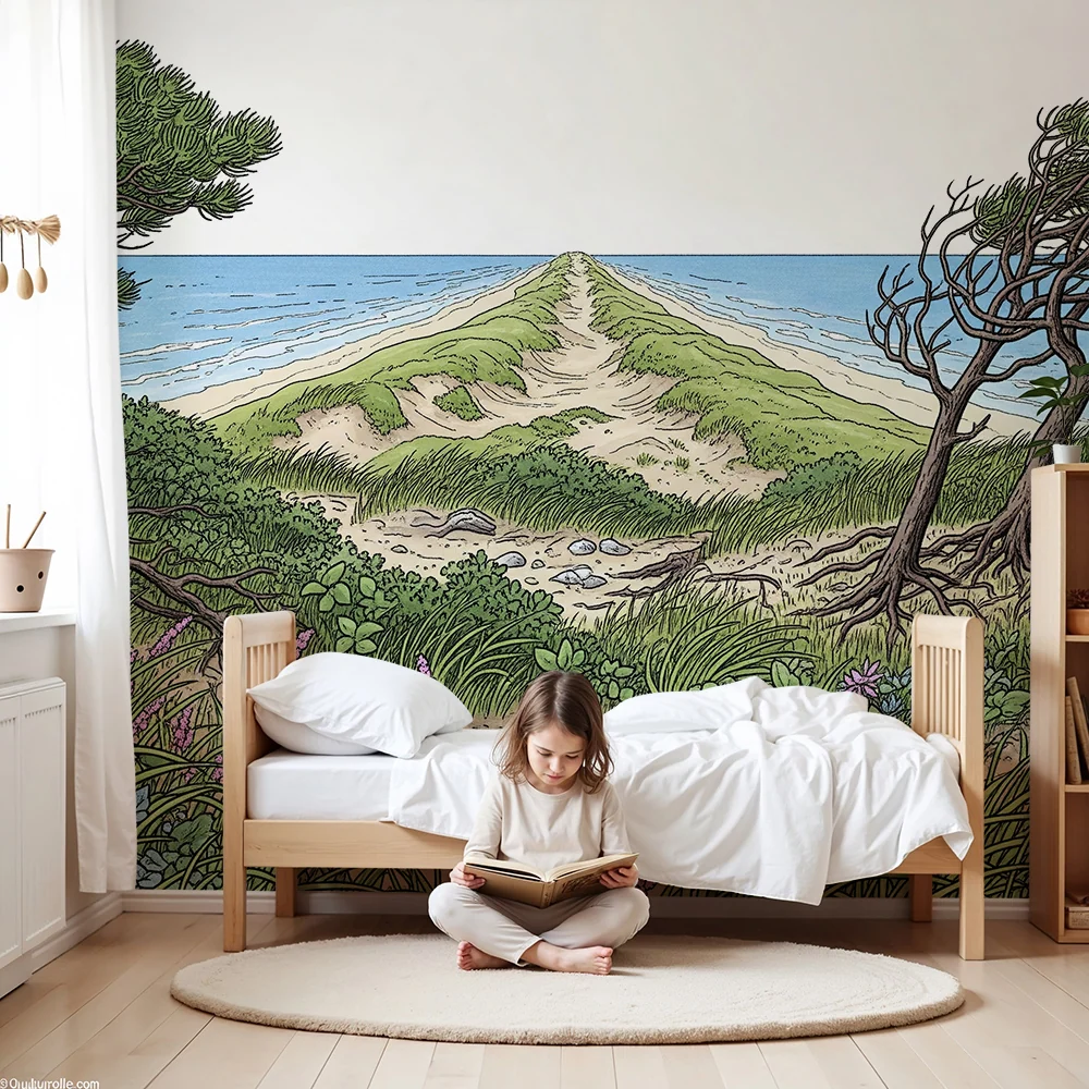 Kids room wallpaper | Tengerparti táj dűnékkel és színes növényzettel