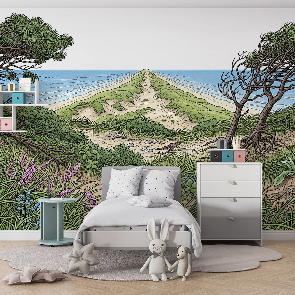 Kids room wallpaper | Tengerparti táj dűnékkel és színes növényzettel