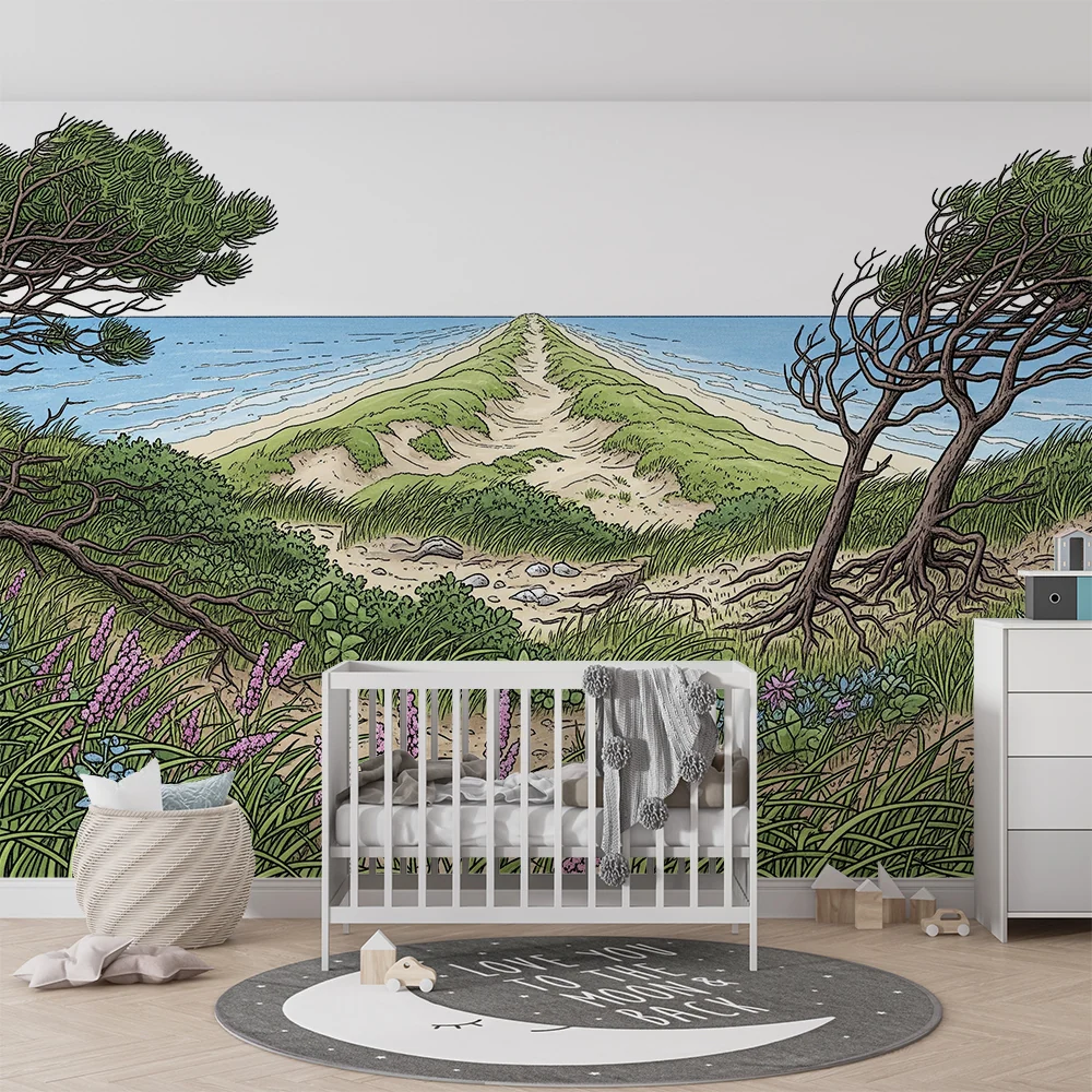 Kids room wallpaper | Tengerparti táj dűnékkel és színes növényzettel