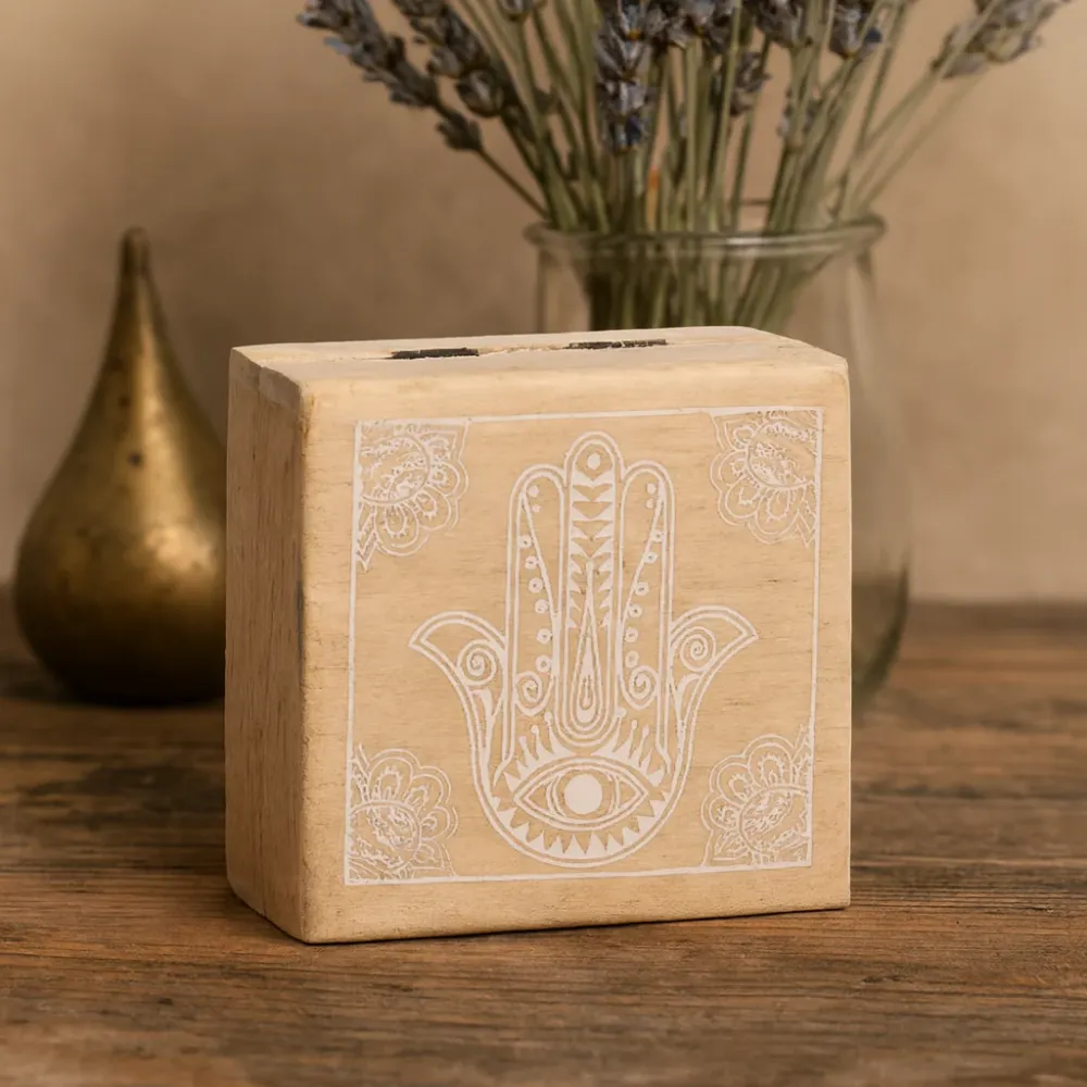 Kis négyzet alakú doboz Hamsa fehérre meszelve 10x10x4.2cm