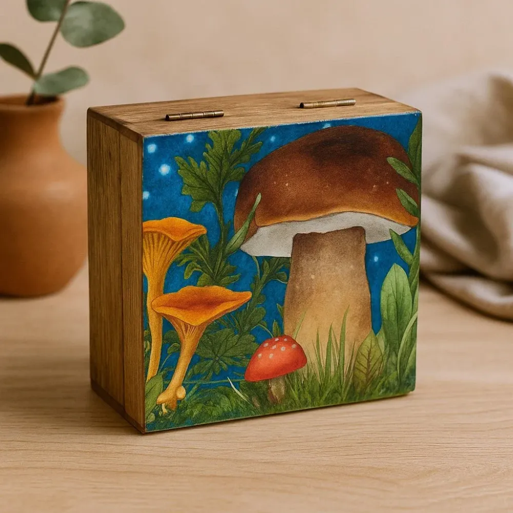 Közepes négyzet alakú tárolódoboz gomba mintával, türkiz, 13.5x13.5x6cm
