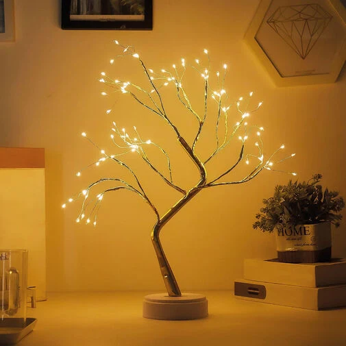 LED-es asztali fa dekoráció - melegfehér - érintőgombos, elemes, USB-s,IP20