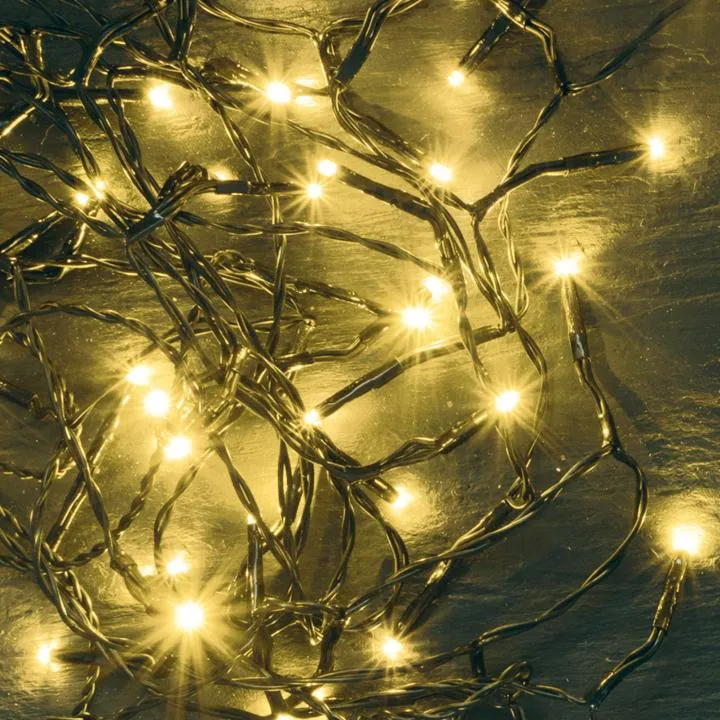 LED-es fényfüzér, 8 m / 100 db melegfehér LED, állófényű, zöld vezeték, hálózati adapter, beltéri kivitel,230V adaptetres...