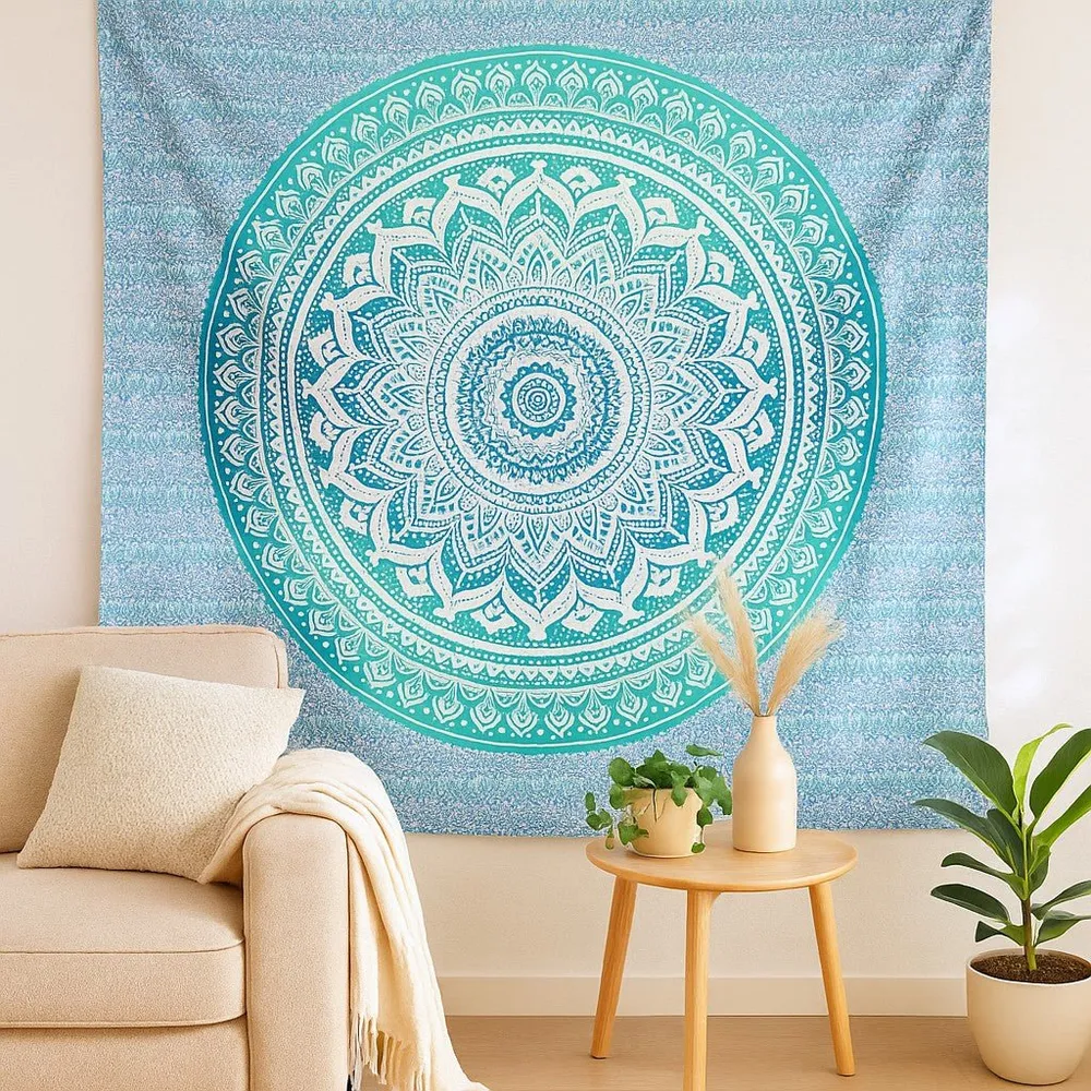Mandala faliszőnyeg, falidísz, strandterítő, türkizkék