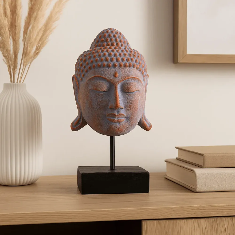 Nagy kék réz Buddha fej szobor állványon