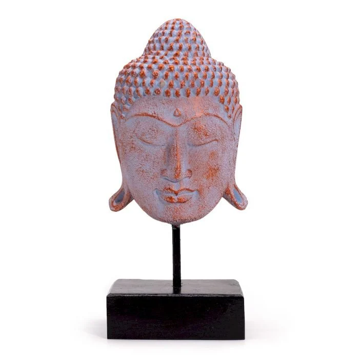 Nagy kék réz Buddha fej szobor állványon