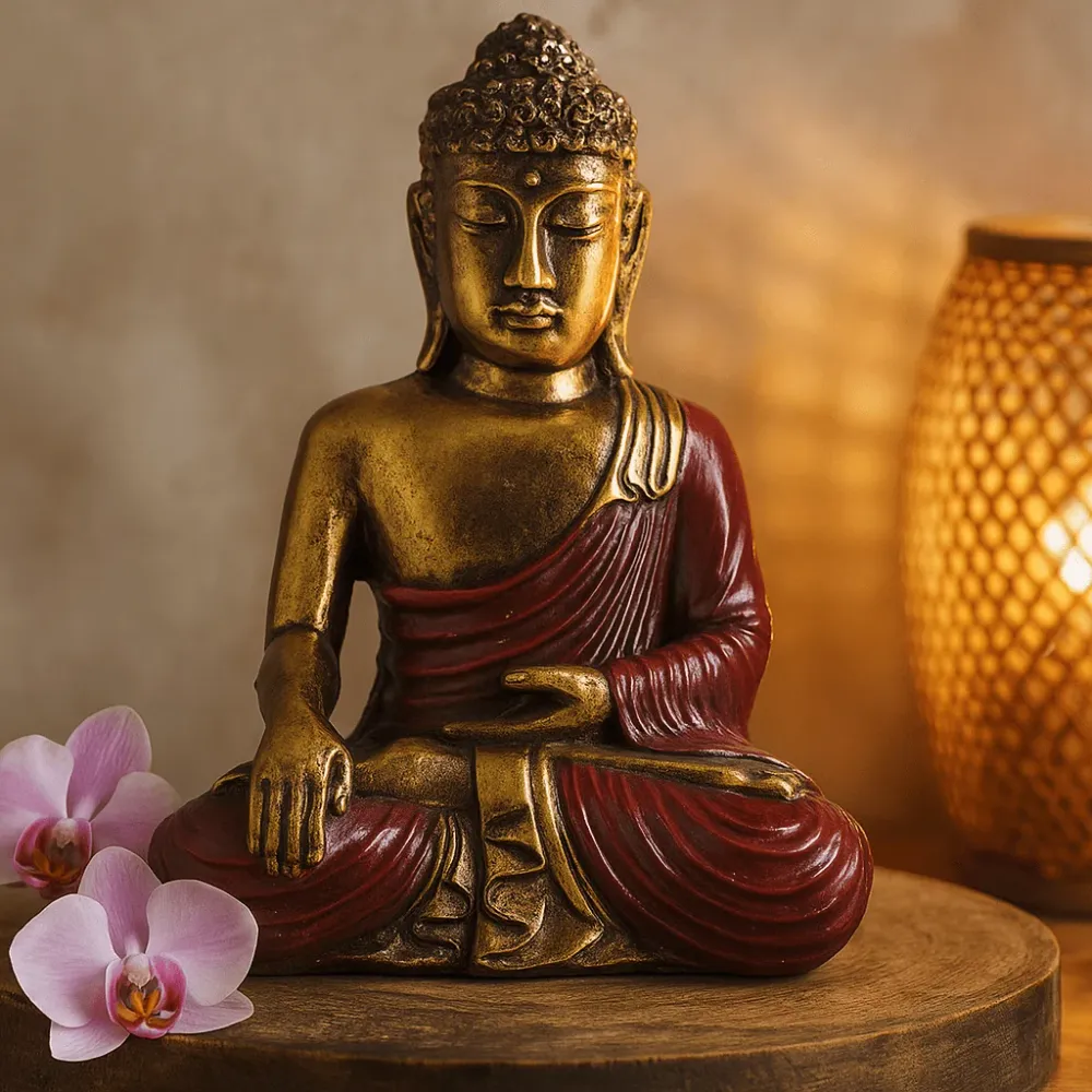 Nagy Buddha szobor piros és arany gyanta