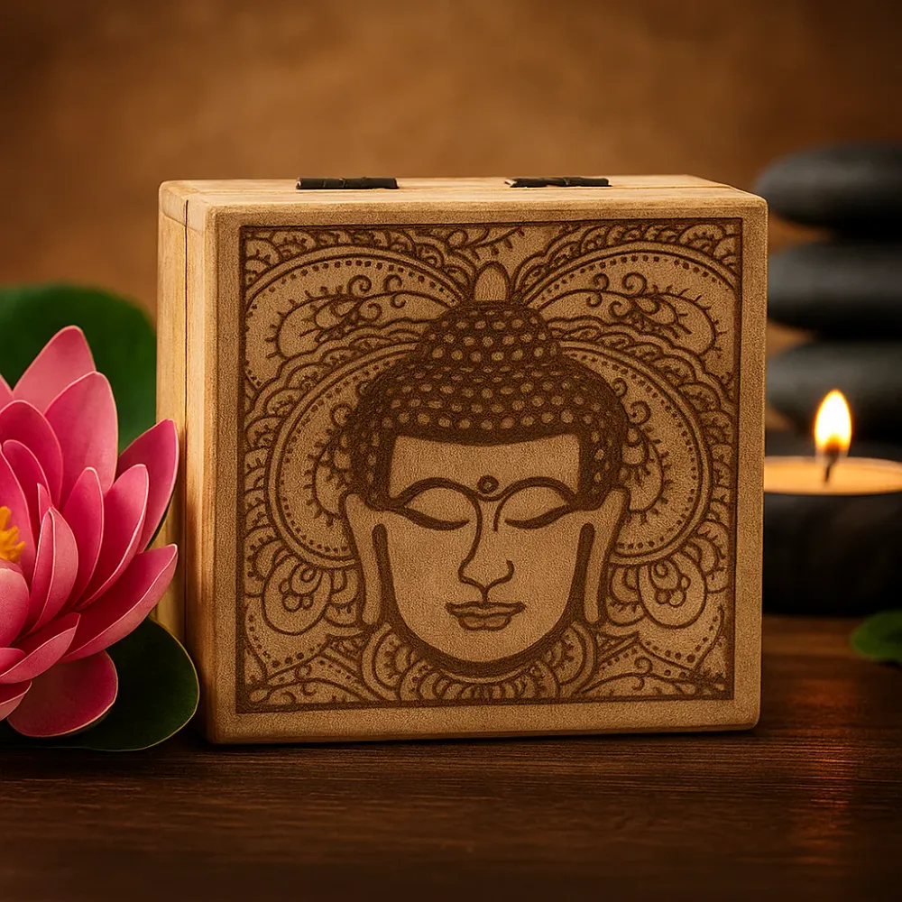 Négyzet alakú doboz Buddha arc fekete gravírozott 10x10x4.2cm