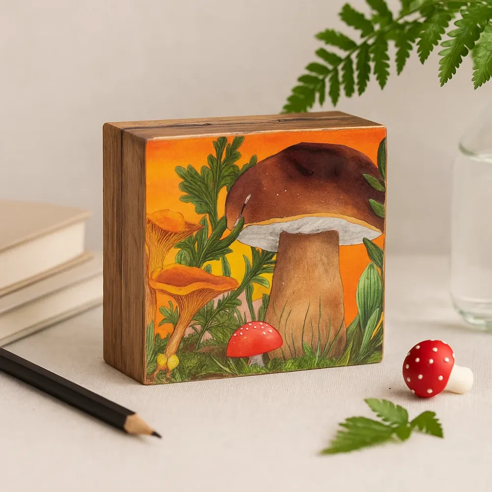 Négyzet alakú doboz gomba mintával bordó 15x17.5x8cm