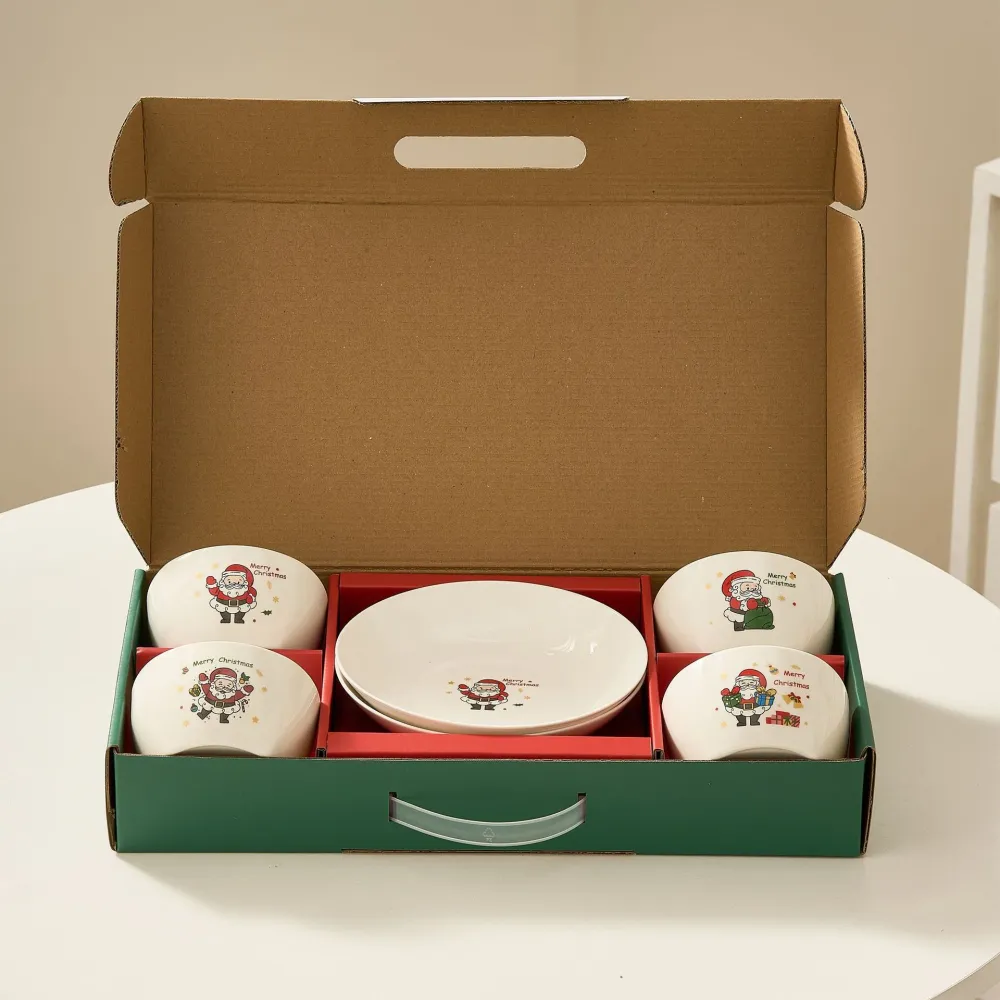 Ünnepi étkészlet, Vivimall, Karácsonyi téma, 4 x 300 ml-es tál, 2 x 18 x 3,4 cm-es tányér, kerámia, 2. modell, többszínű