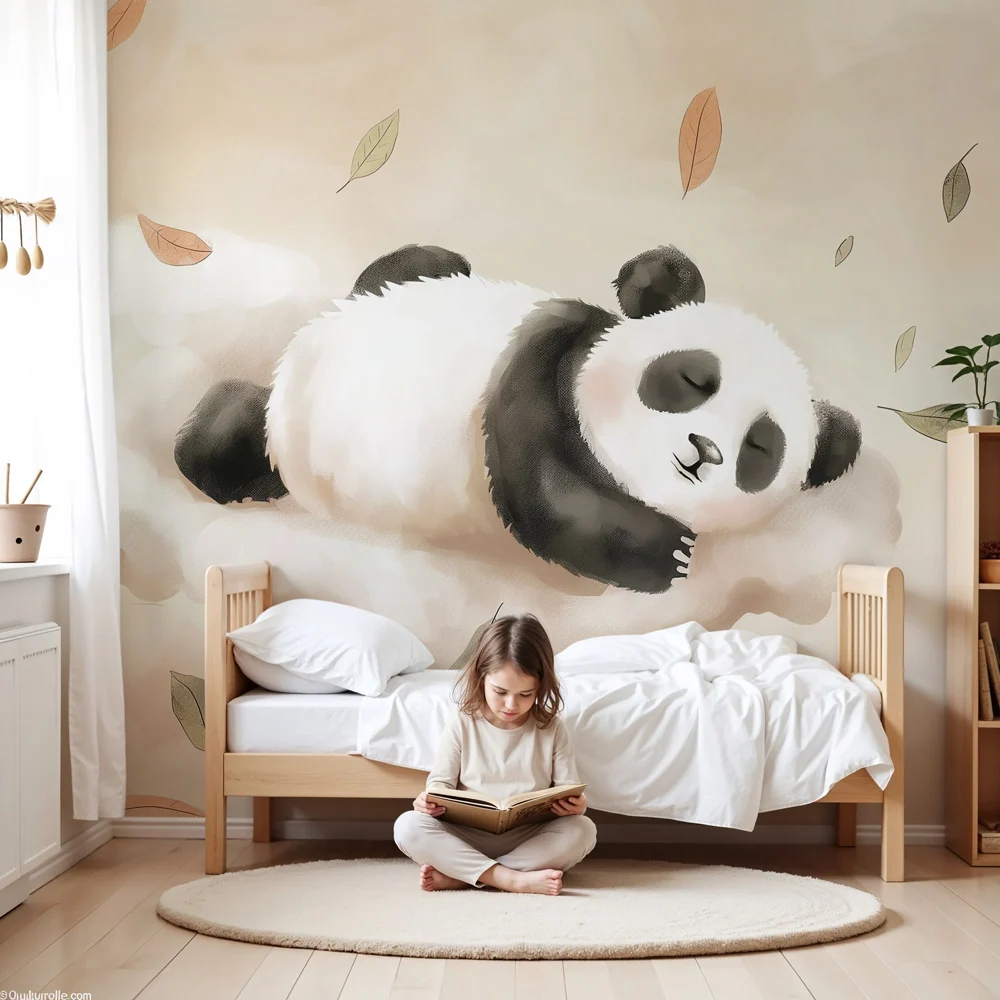 Nursery room wallpaper | Alvó panda felhőkben