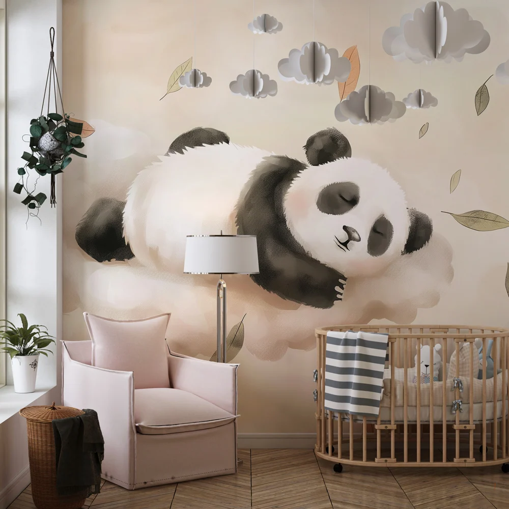 Nursery room wallpaper | Alvó panda felhőkben