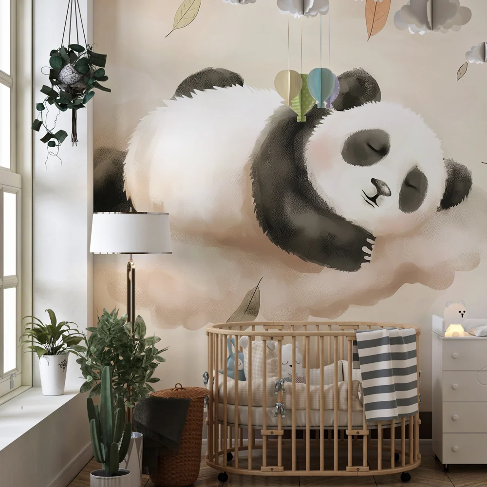 Nursery room wallpaper | Alvó panda felhőkben