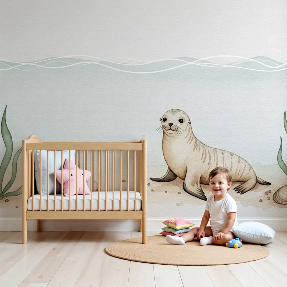 Nursery room wallpaper | Aranyos fóka víz alatt