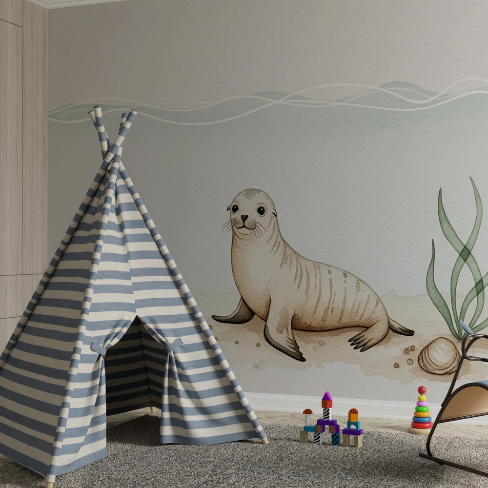 Nursery room wallpaper | Aranyos fóka víz alatt