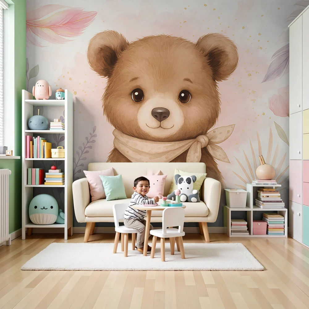 Nursery room wallpaper | Aranyos medve virágok között