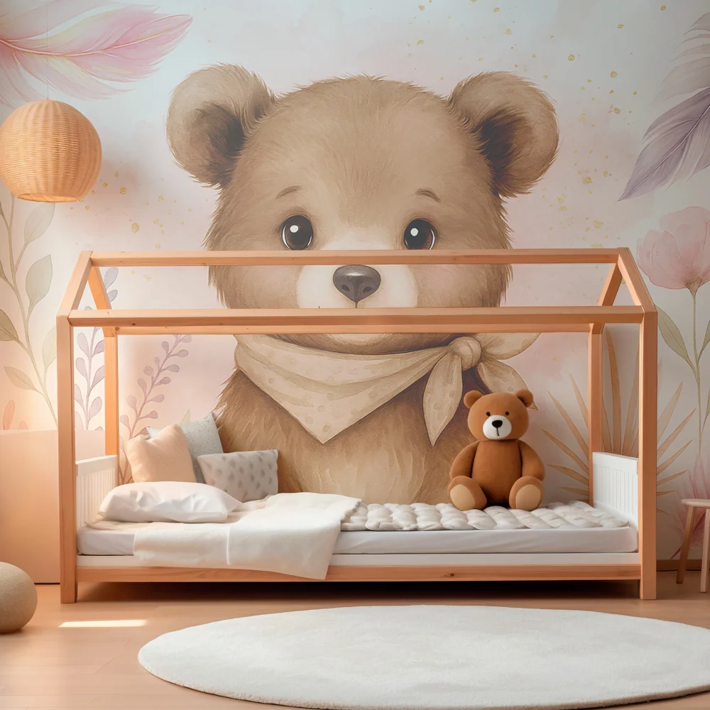 Nursery room wallpaper | Aranyos medve virágok között