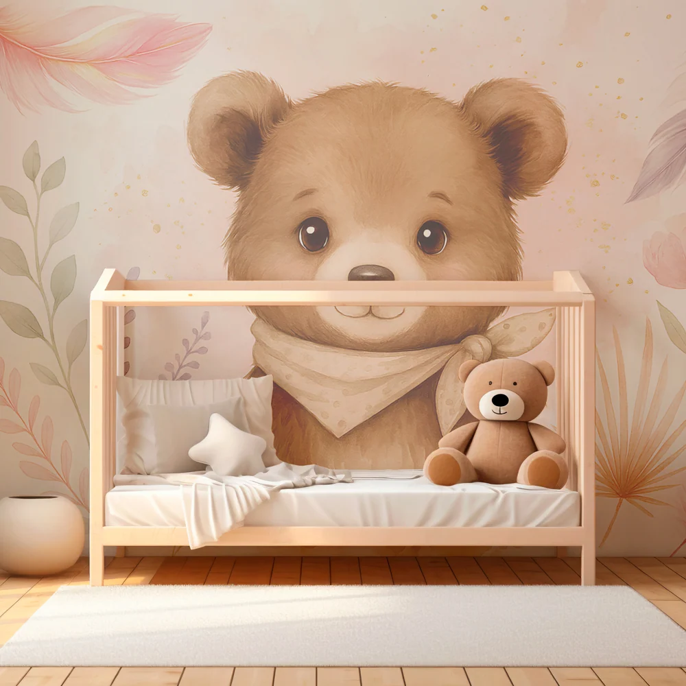 Nursery room wallpaper | Aranyos medve virágok között