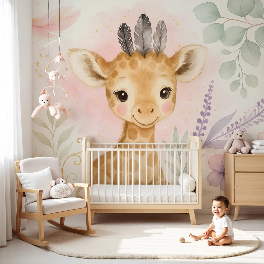 Nursery room wallpaper | Aranyos zsiráf és gyengéd virágok