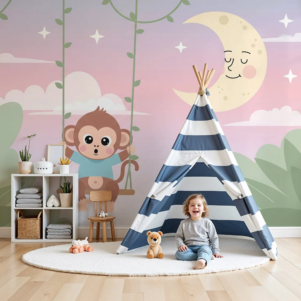 Nursery room wallpaper | Boldog majom hintázik hold alatt