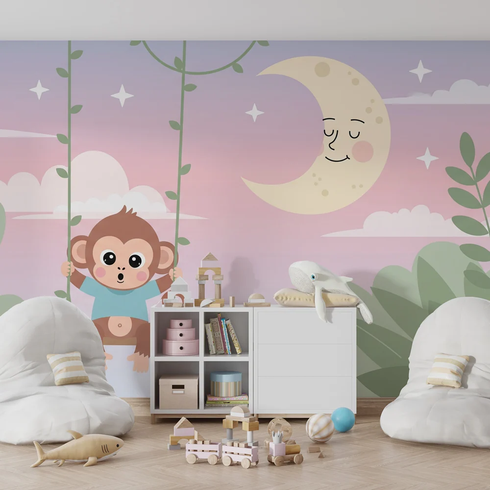 Nursery room wallpaper | Boldog majom hintázik hold alatt