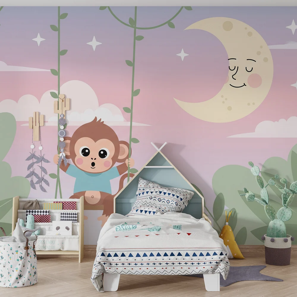 Nursery room wallpaper | Boldog majom hintázik hold alatt