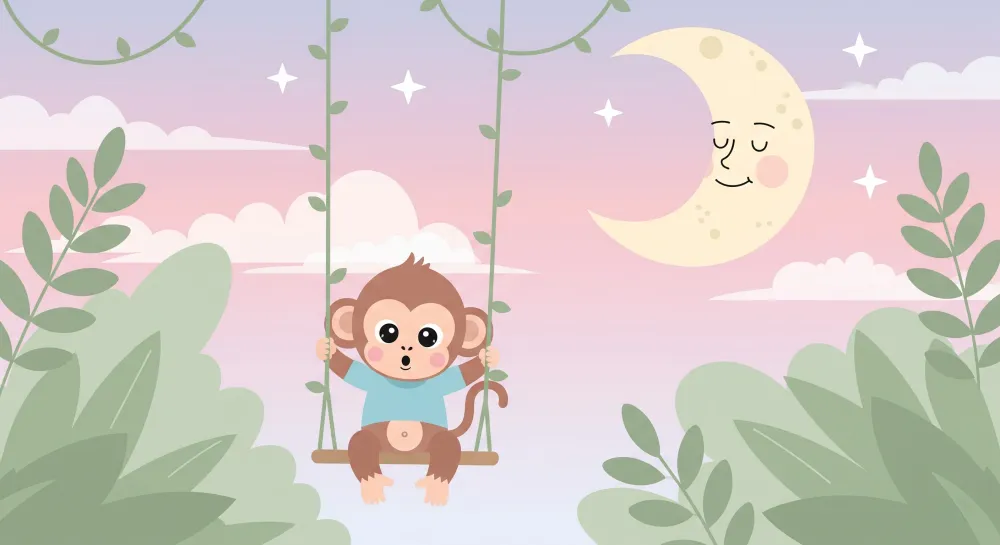 Nursery room wallpaper | Boldog majom hintázik hold alatt
