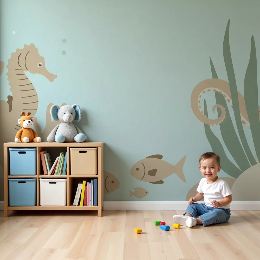Nursery room wallpaper | Boldugás vidám búvárhelyen tengeri lóval és polippal