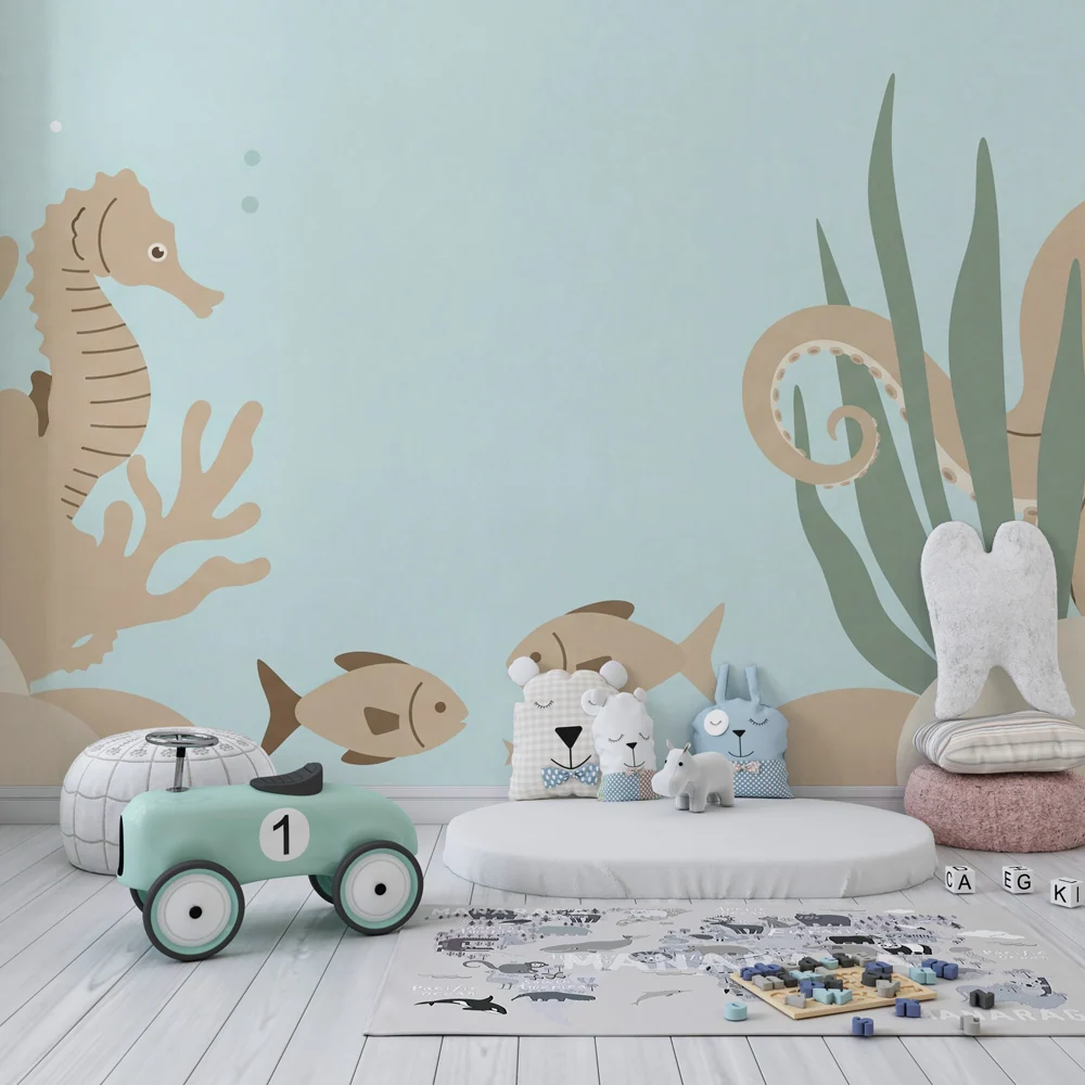 Nursery room wallpaper | Boldugás vidám búvárhelyen tengeri lóval és polippal