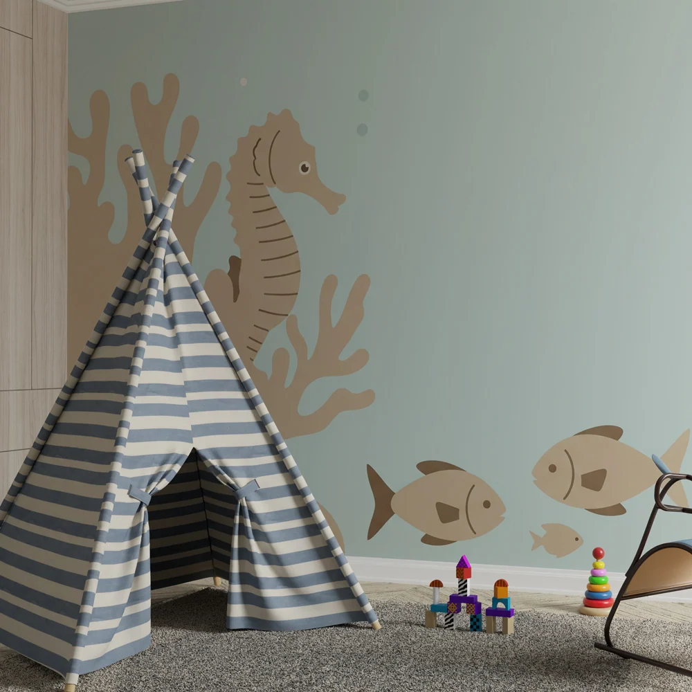 Nursery room wallpaper | Boldugás vidám búvárhelyen tengeri lóval és polippal