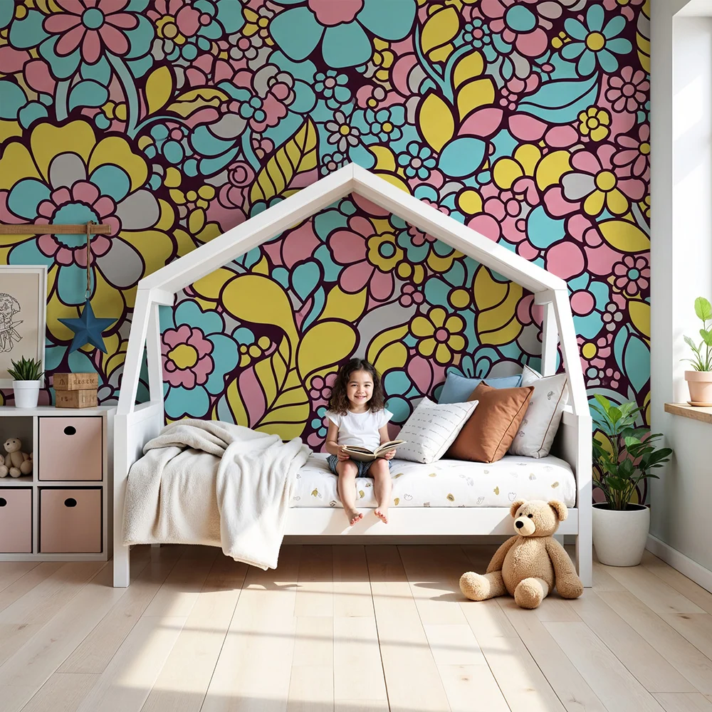 Nursery room wallpaper | Colorful floral patterns pastel shades