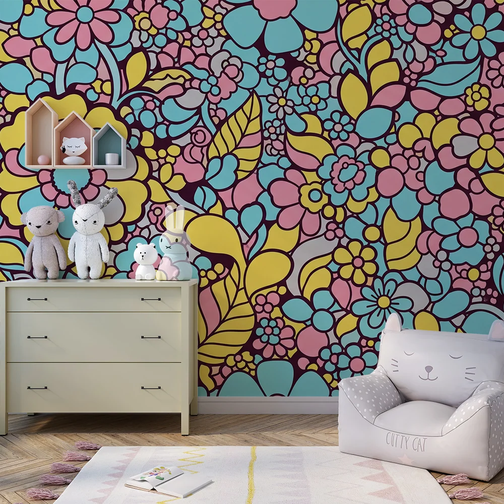 Nursery room wallpaper | Colorful floral patterns pastel shades