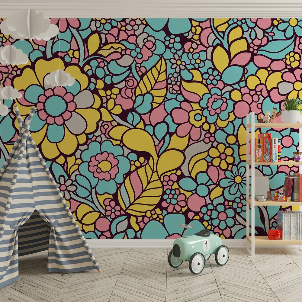 Nursery room wallpaper | Colorful floral patterns pastel shades