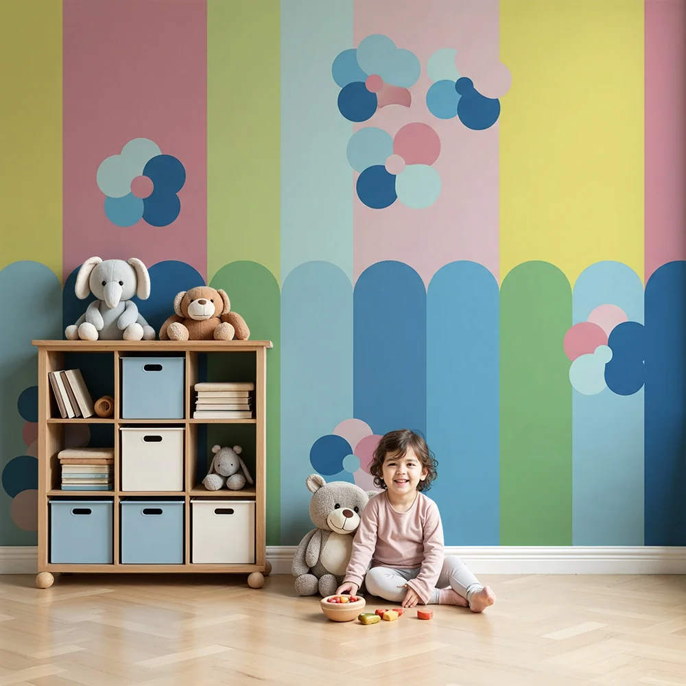 Nursery room wallpaper | Colorful floral patterns and soft stripes