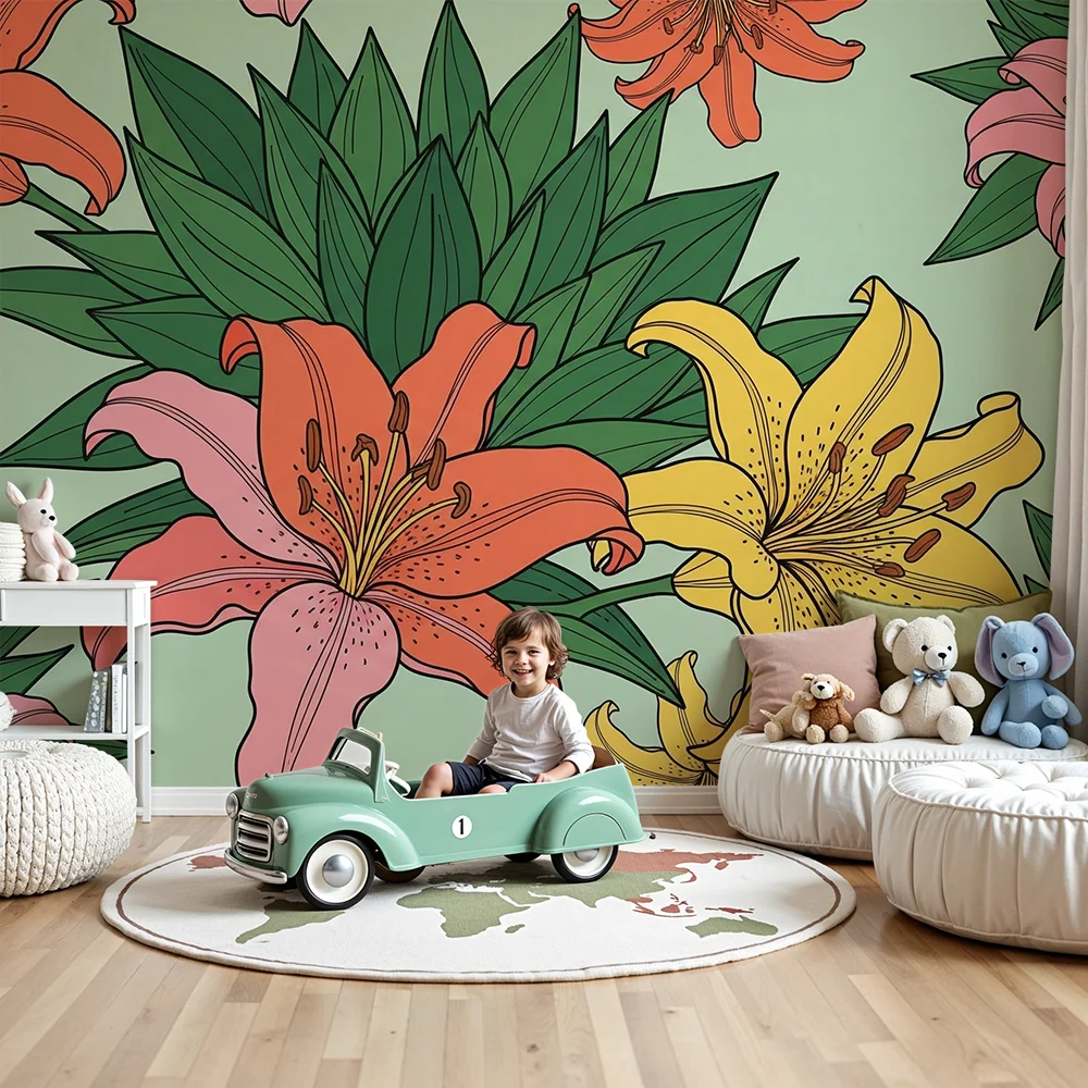 Nursery room wallpaper | Colorful flowers and green foliage