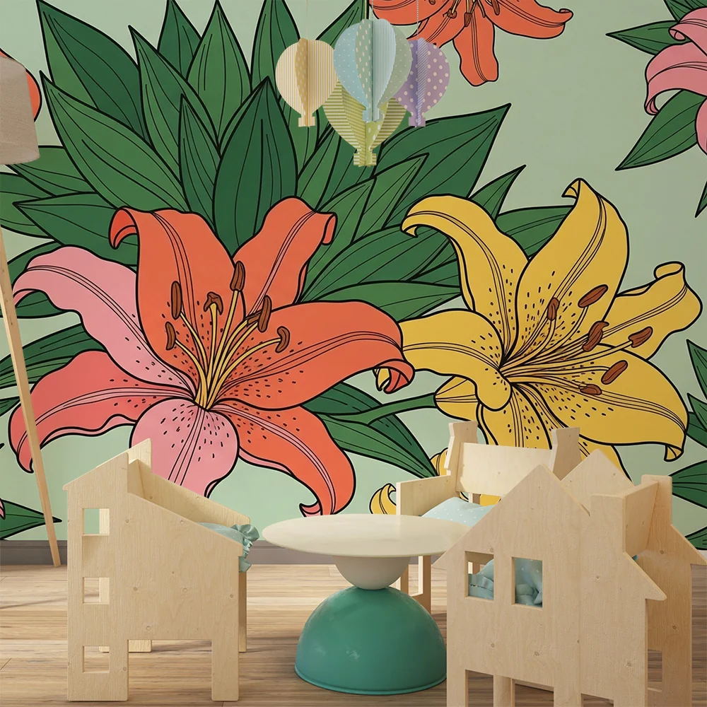 Nursery room wallpaper | Colorful flowers and green foliage