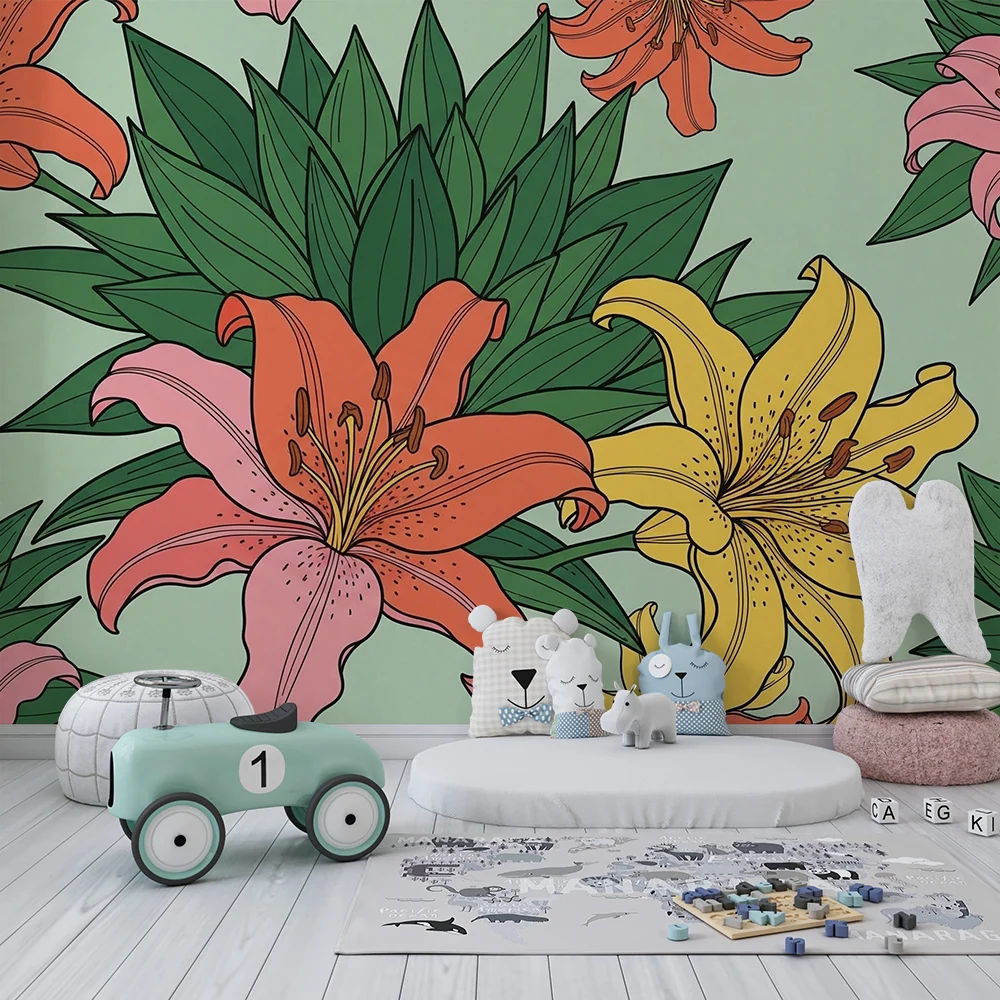 Nursery room wallpaper | Colorful flowers and green foliage
