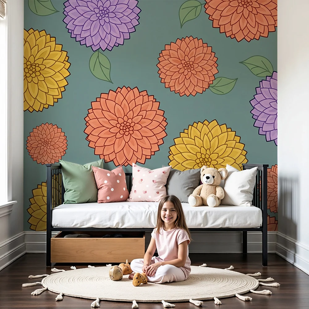 Nursery room wallpaper | Colorful flowers on soothing green background