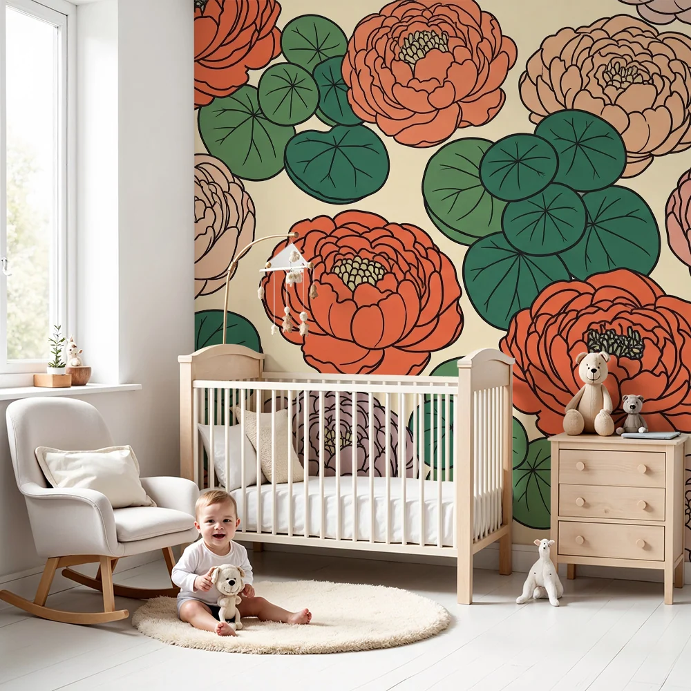 Nursery room wallpaper | Colorful flowers and water lilies