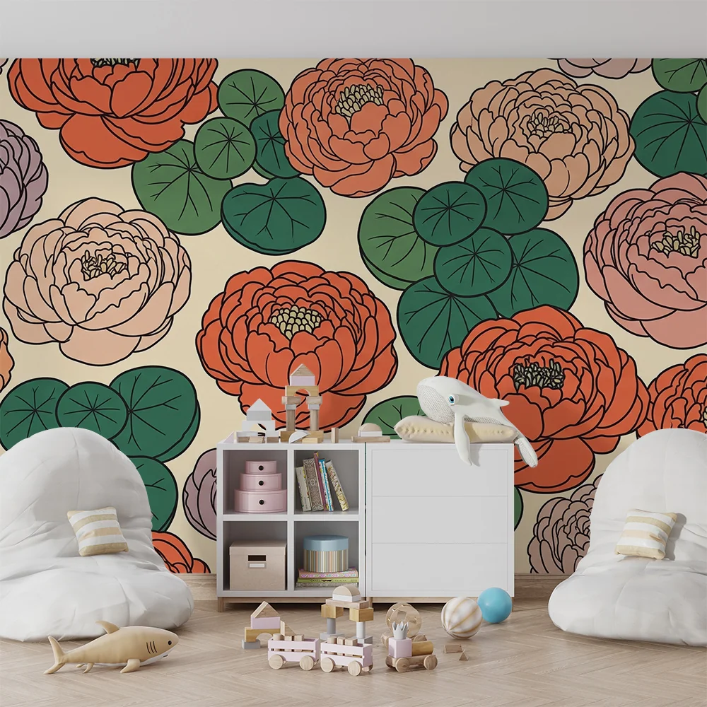 Nursery room wallpaper | Colorful flowers and water lilies