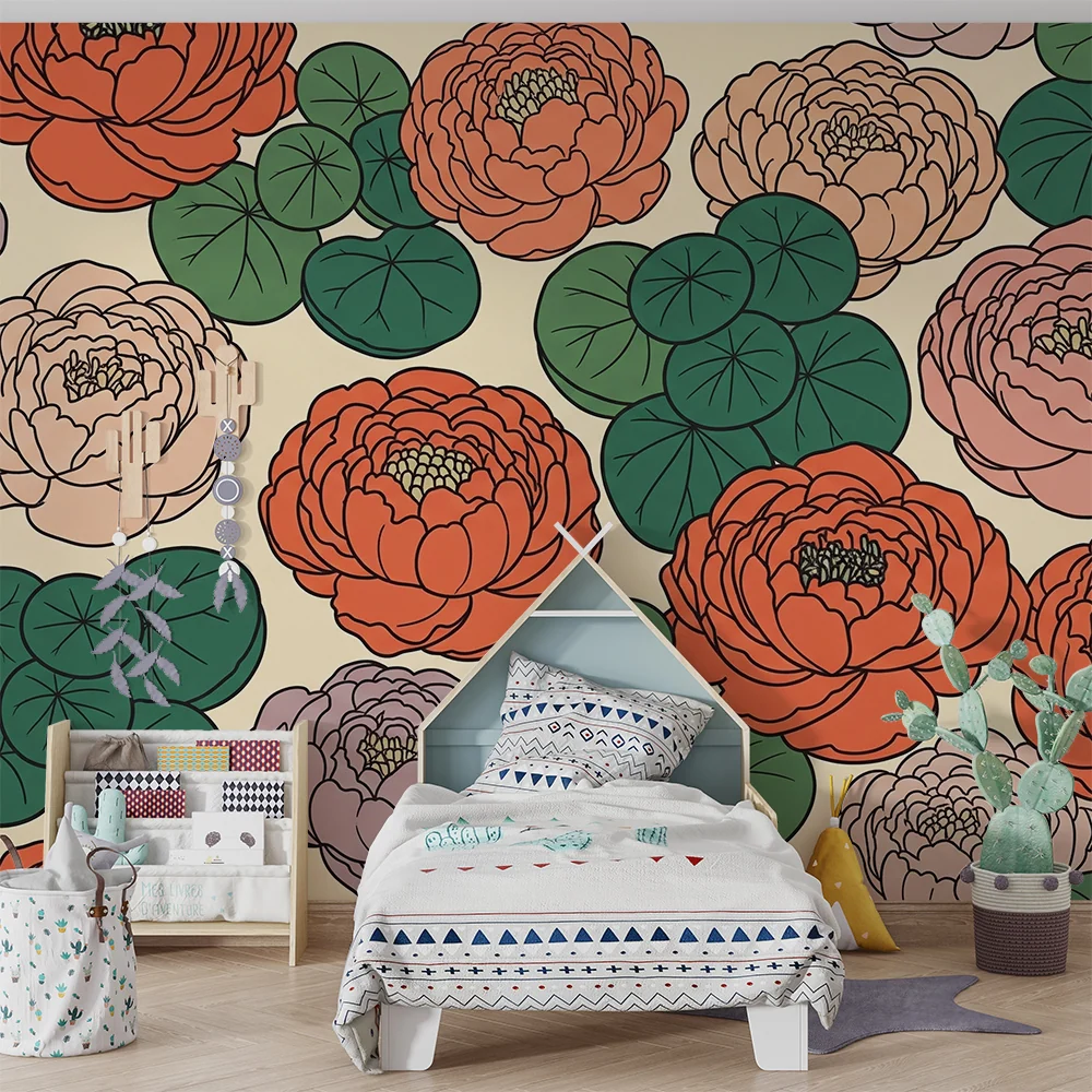 Nursery room wallpaper | Colorful flowers and water lilies