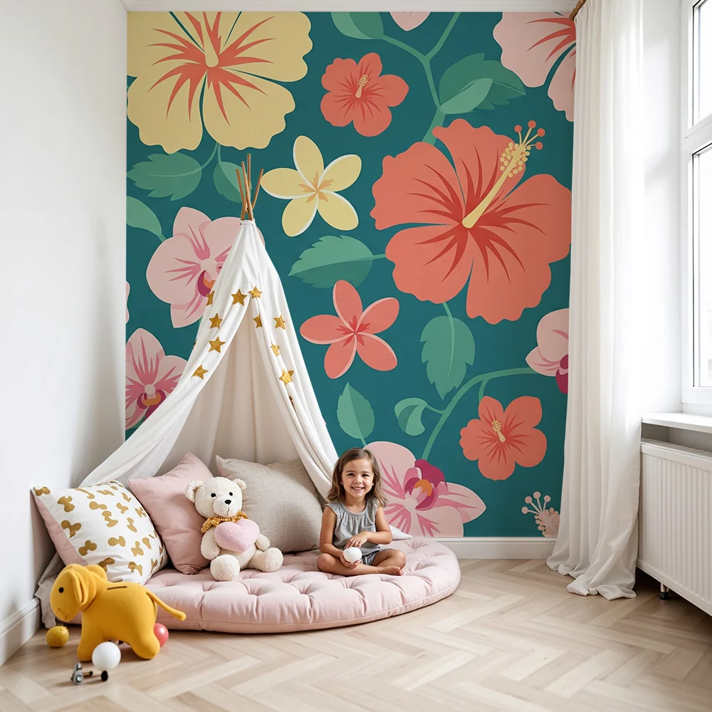 Nursery room wallpaper | Colorful tropical flowers on turquoise background